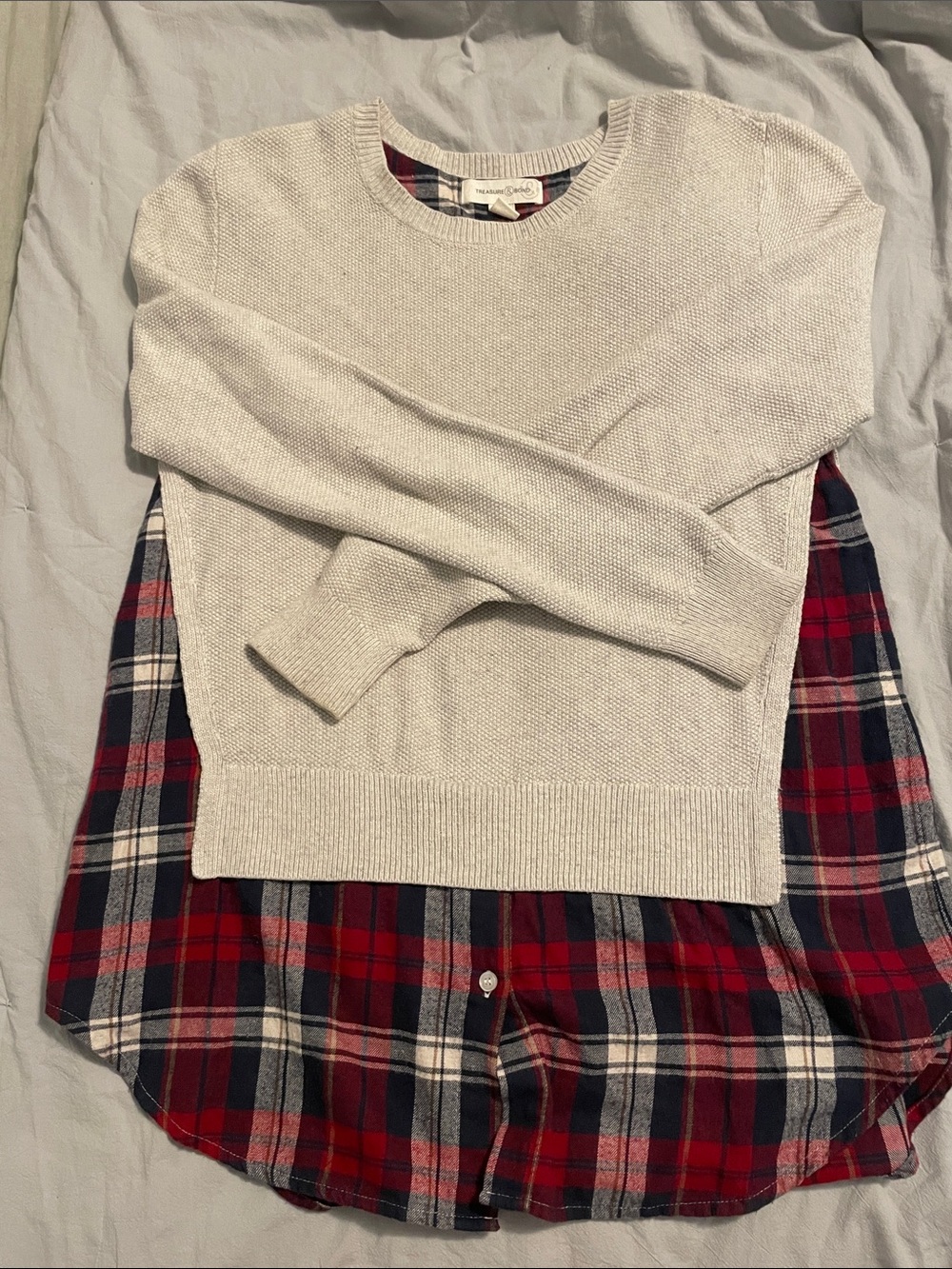 Treasure & Bond Cream Crewneck Sweater with Red and Navy Plaid Hem